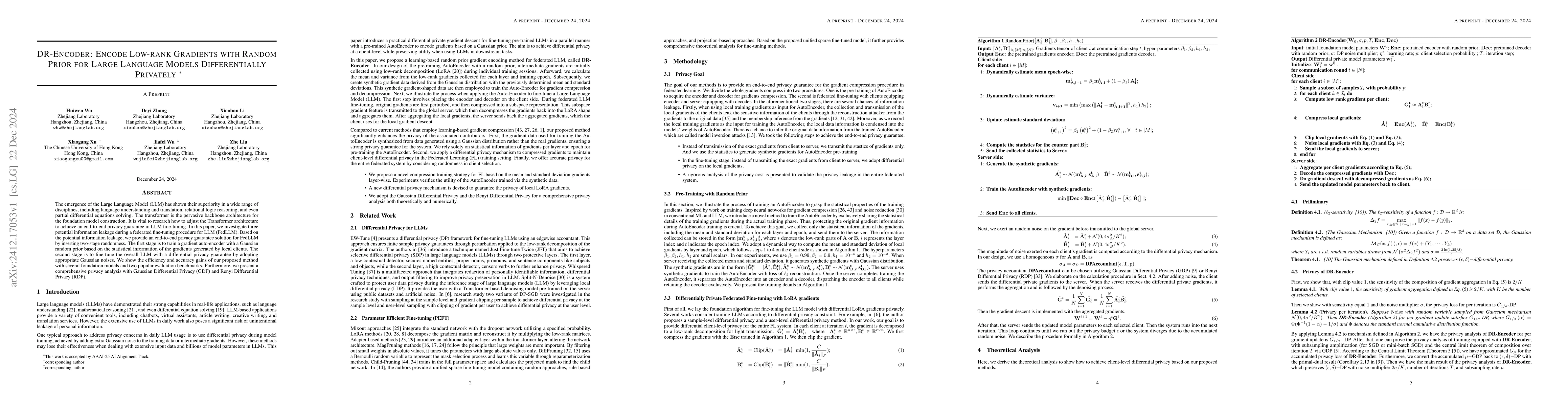 Thumbnail for DR-Encoder: Encode Low-rank Gradients with Random Prior for Large
  Language Models Differentially Privately