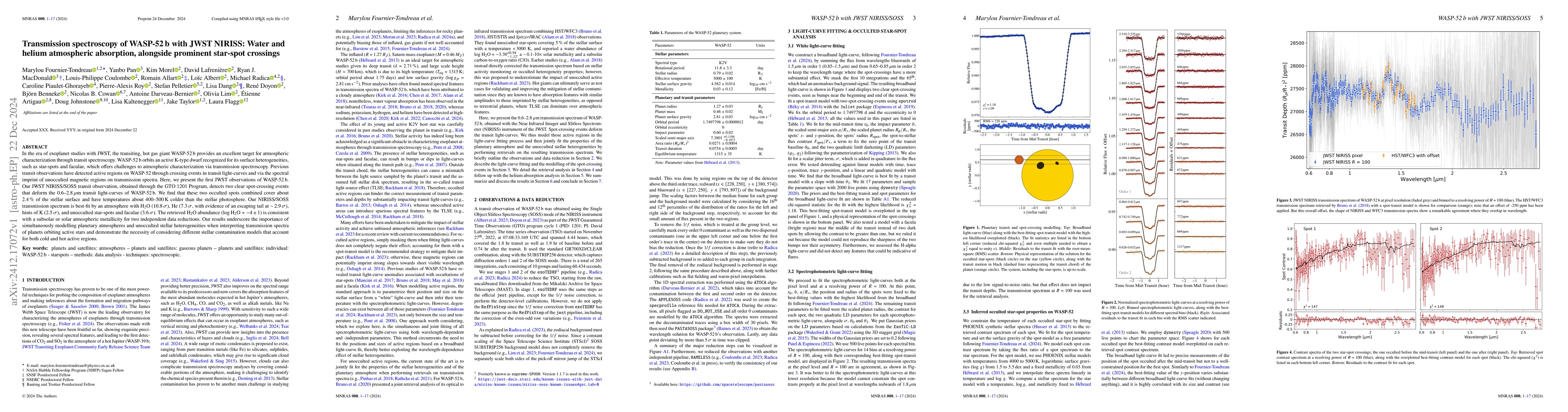 Thumbnail for Transmission spectroscopy of WASP-52 b with JWST NIRISS: Water and
  helium atmospheric absorption, alongside prominent star-spot crossings