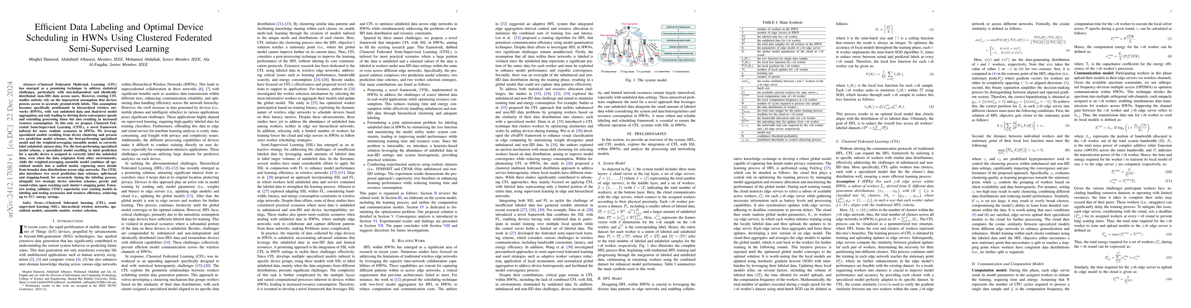 Thumbnail for Efficient Data Labeling and Optimal Device Scheduling in HWNs Using
  Clustered Federated Semi-Supervised Learning