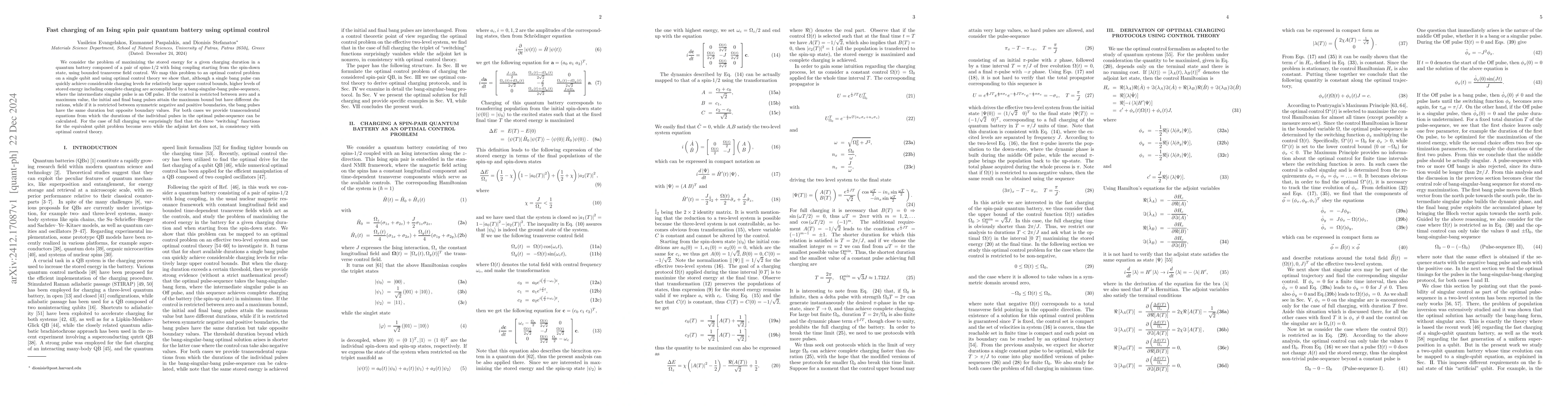 Thumbnail for Fast charging of an Ising spin pair quantum battery using optimal
  control