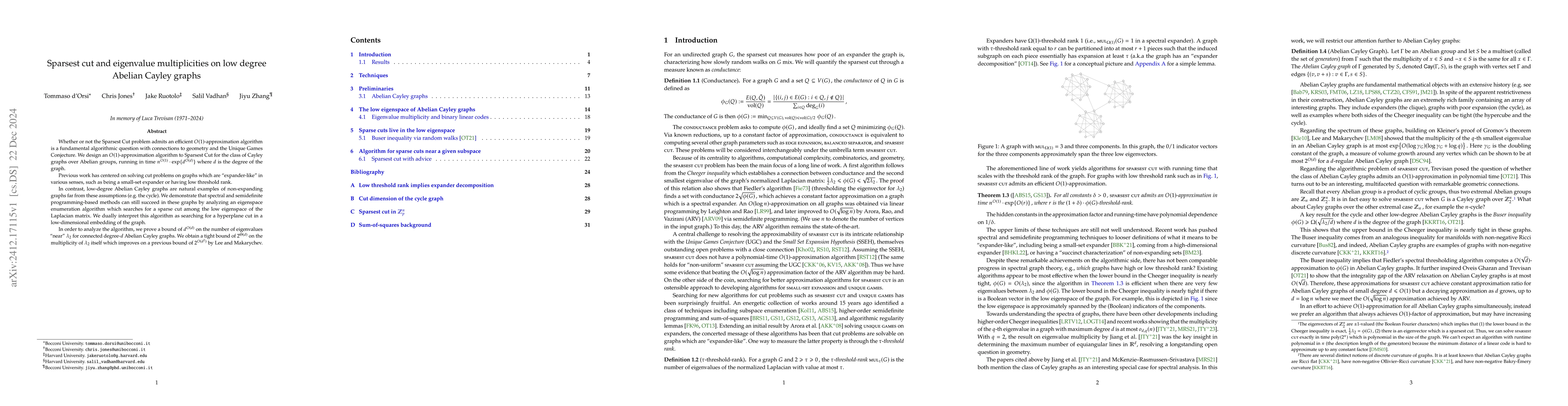 Thumbnail for Sparsest cut and eigenvalue multiplicities on low degree Abelian Cayley
  graphs