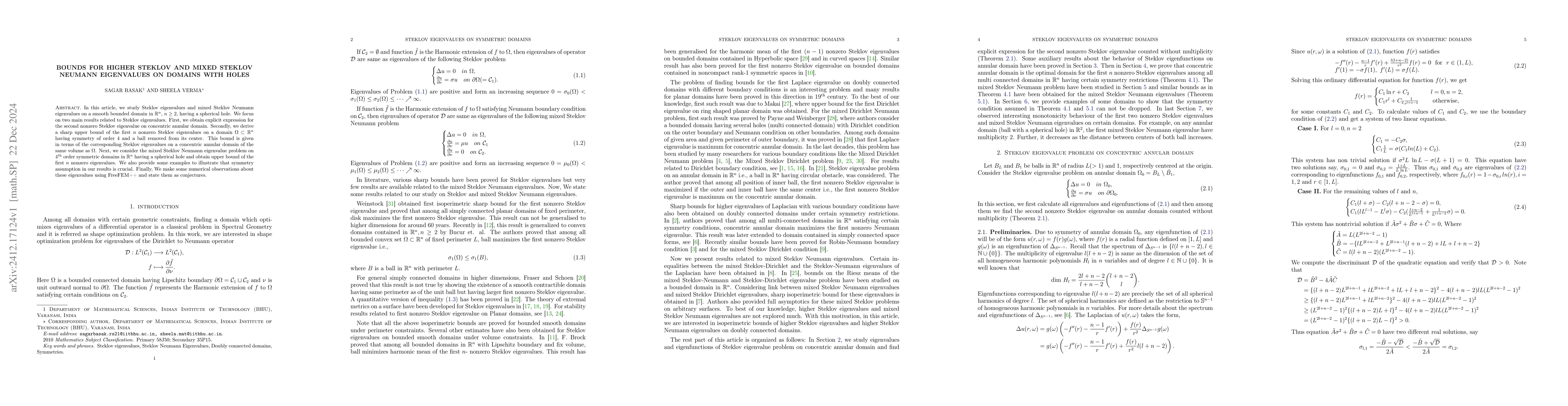 Thumbnail for Bounds for higher Steklov and mixed Steklov Neumann eigenvalues on
  domains with holes