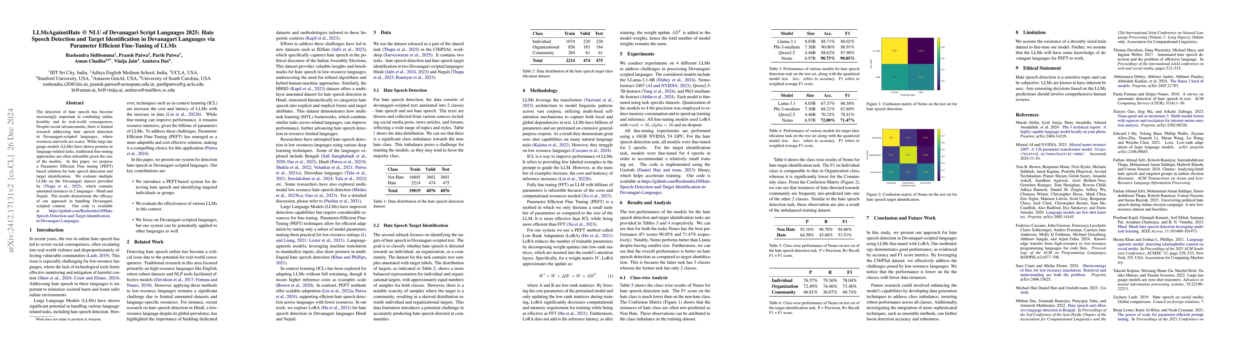 Thumbnail for LLMsAgainstHate @ NLU of Devanagari Script Languages 2025: Hate Speech
  Detection and Target Identification in Devanagari Languages via Parameter
  Efficient Fine-Tuning of LLMs