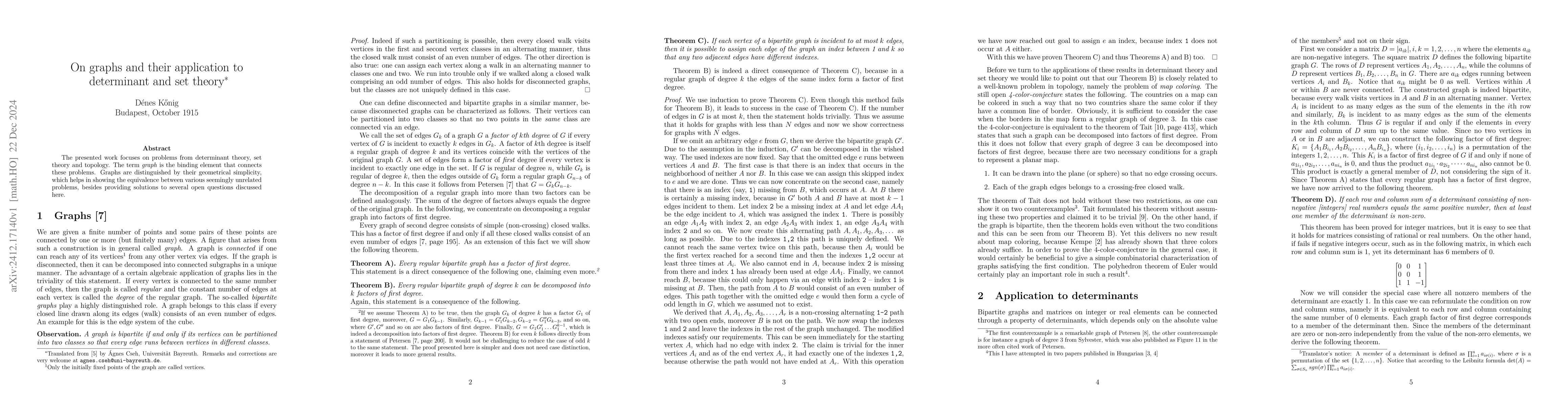 Thumbnail for English Translation of "Über Graphen und ihre Anwendung auf
  Determinantentheorie und Mengenlehre" by Dénes Kőnig