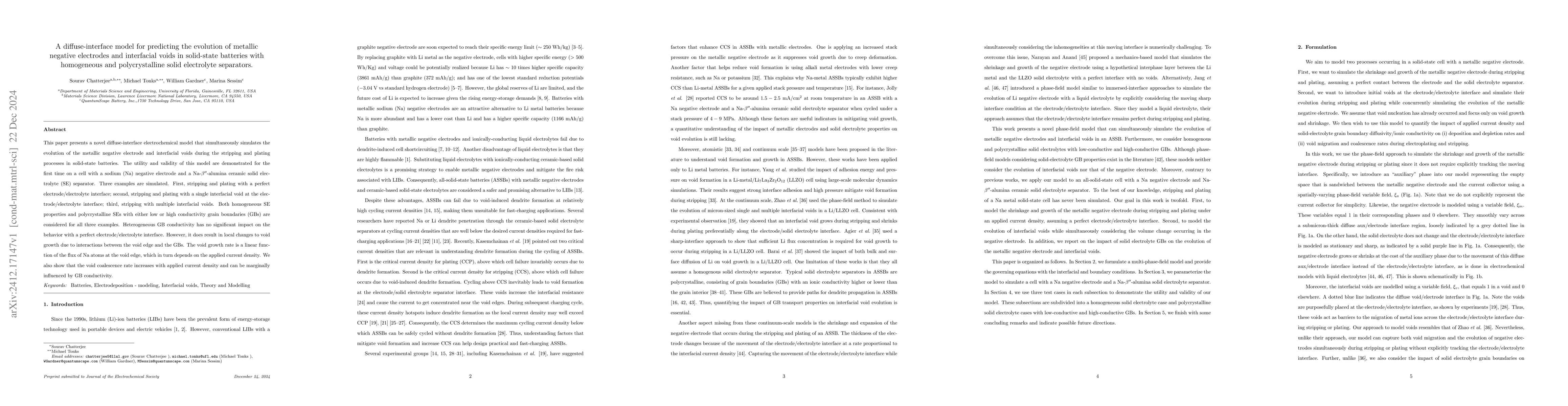 Thumbnail for A diffuse-interface model for predicting the evolution of metallic
  negative electrodes and interfacial voids in solid-state batteries with
  homogeneous and polycrystalline solid electrolyte separators
