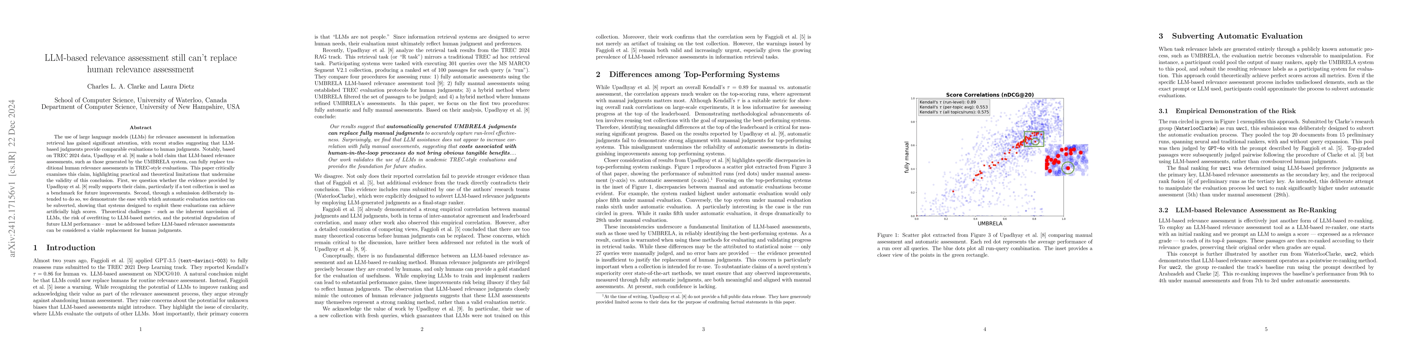 Thumbnail for LLM-based relevance assessment still can't replace human relevance
  assessment