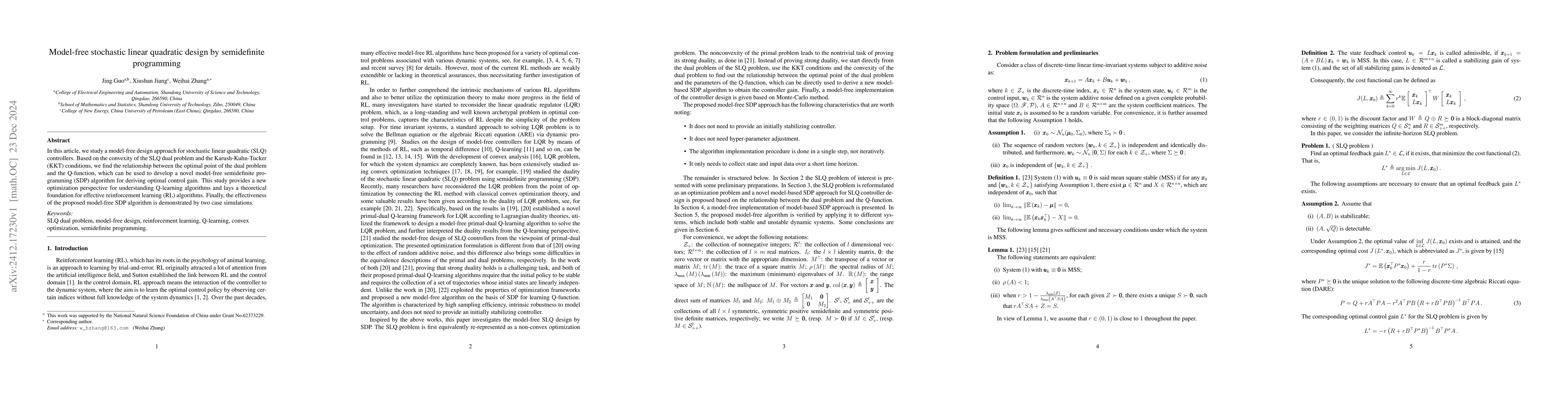 Thumbnail for Model-free stochastic linear quadratic design by semidefinite
  programming