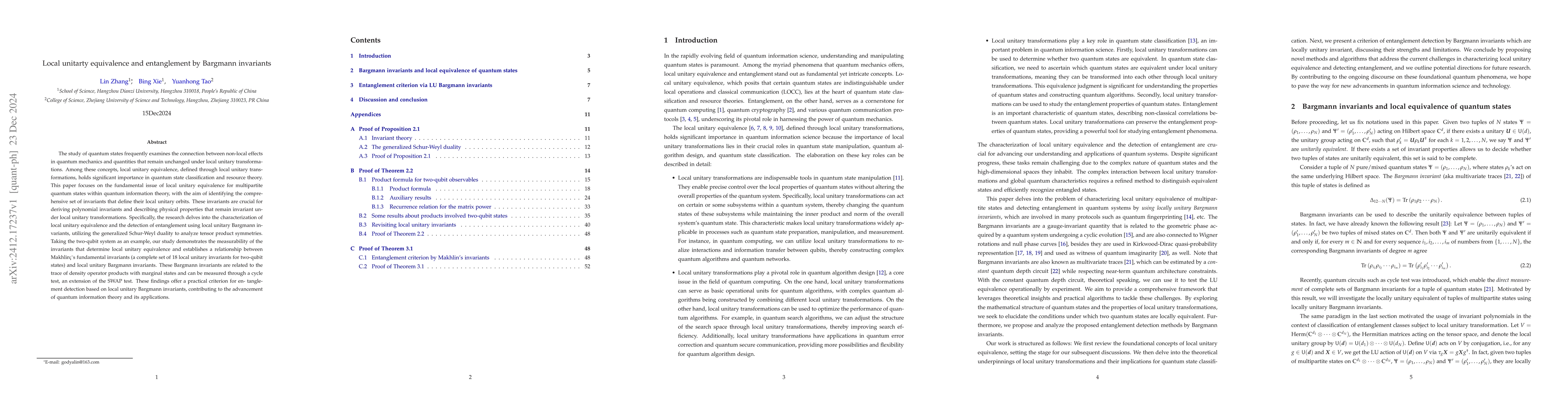Thumbnail for Local unitarty equivalence and entanglement by Bargmann invariants