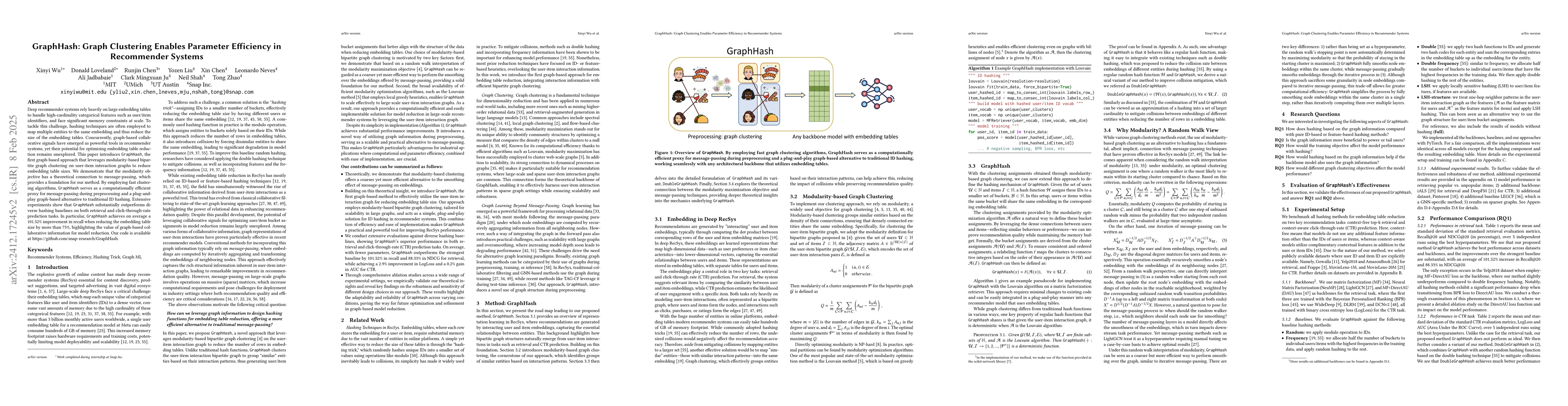 Thumbnail for GraphHash: Graph Clustering Enables Parameter Efficiency in Recommender
  Systems