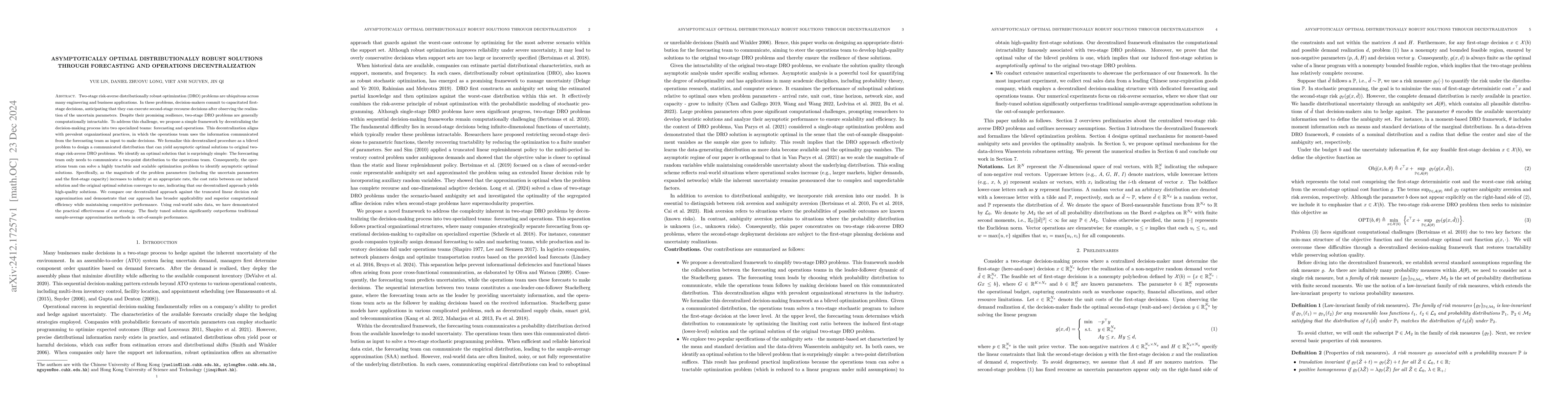 Thumbnail for Asymptotically Optimal Distributionally Robust Solutions through
  Forecasting and Operations Decentralization