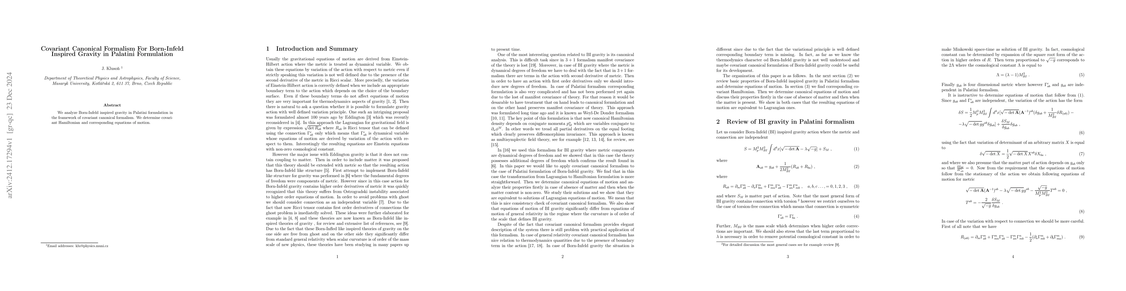 Thumbnail for Covariant Canonical Formalism For Born-Infeld Inspired Gravity in
  Palatini Formulation