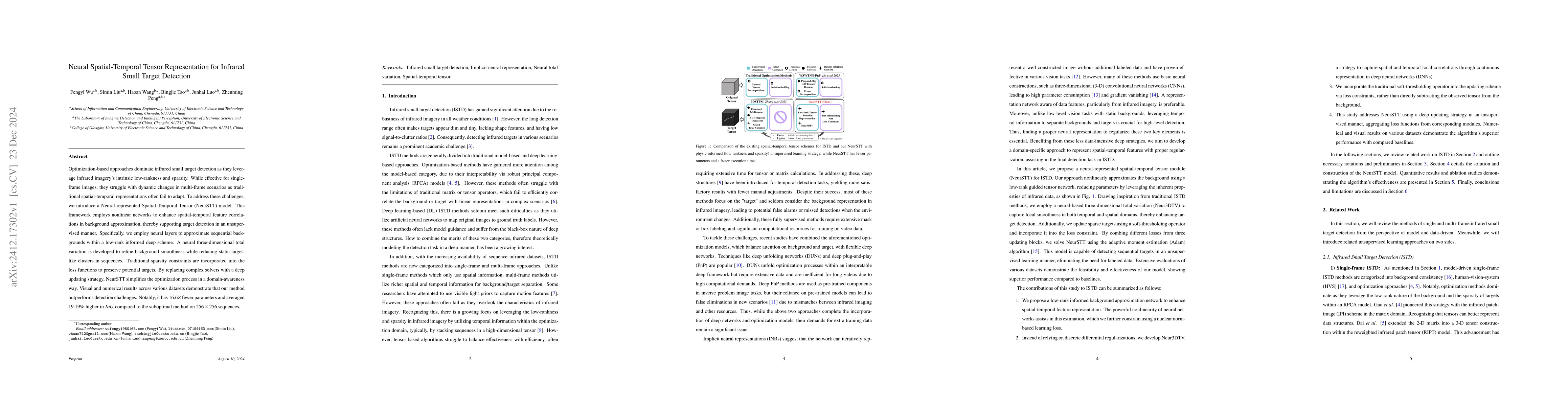 Thumbnail for Neural Spatial-Temporal Tensor Representation for Infrared Small Target
  Detection