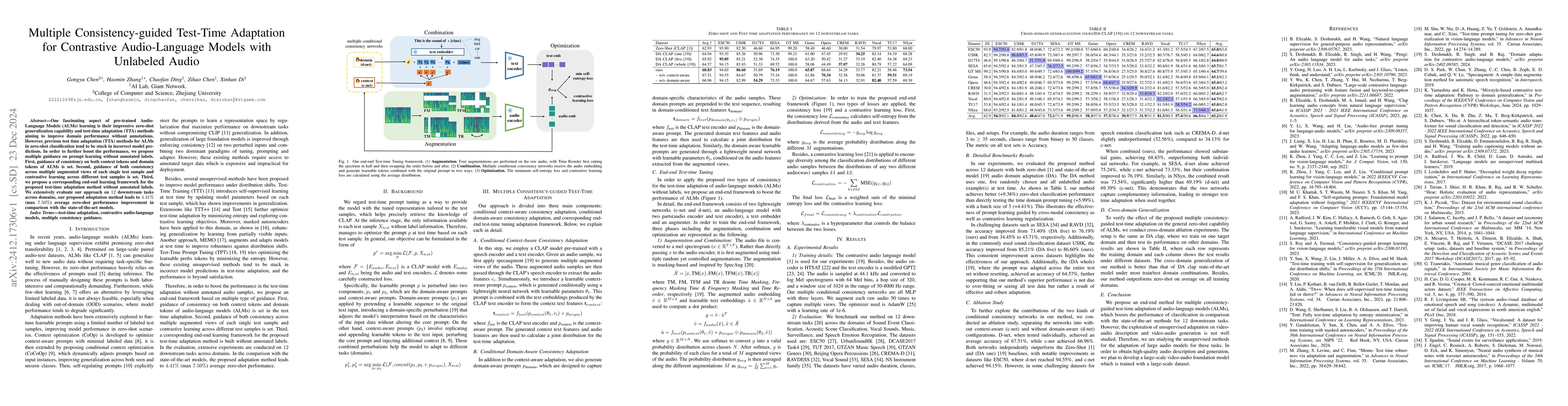 Thumbnail for Multiple Consistency-guided Test-Time Adaptation for Contrastive
  Audio-Language Models with Unlabeled Audio