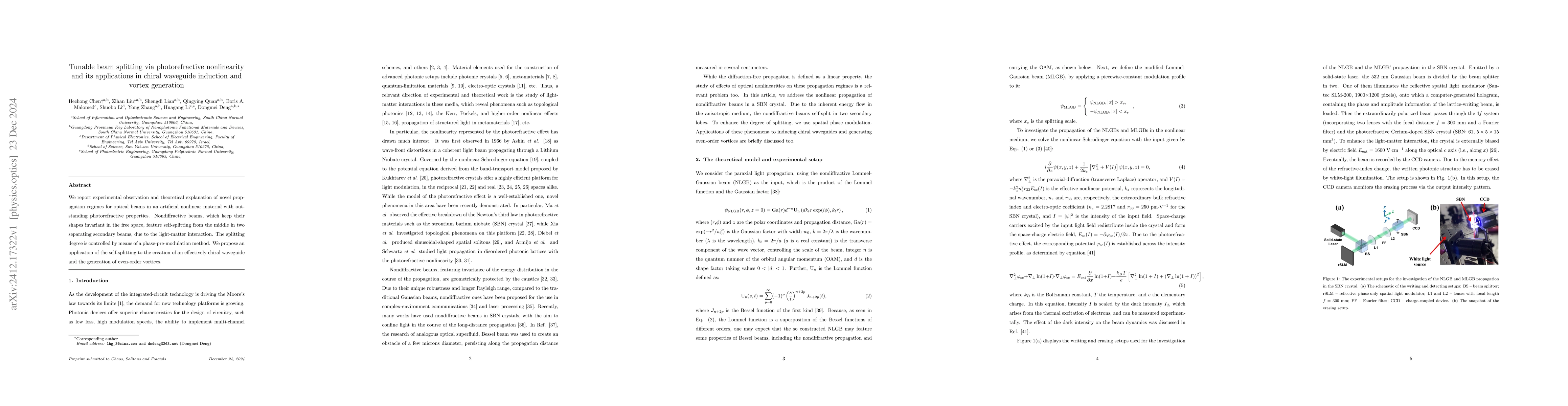 Thumbnail for Tunable beam splitting via photorefractive nonlinearity and its
  applications in chiral waveguide induction and vortex generation