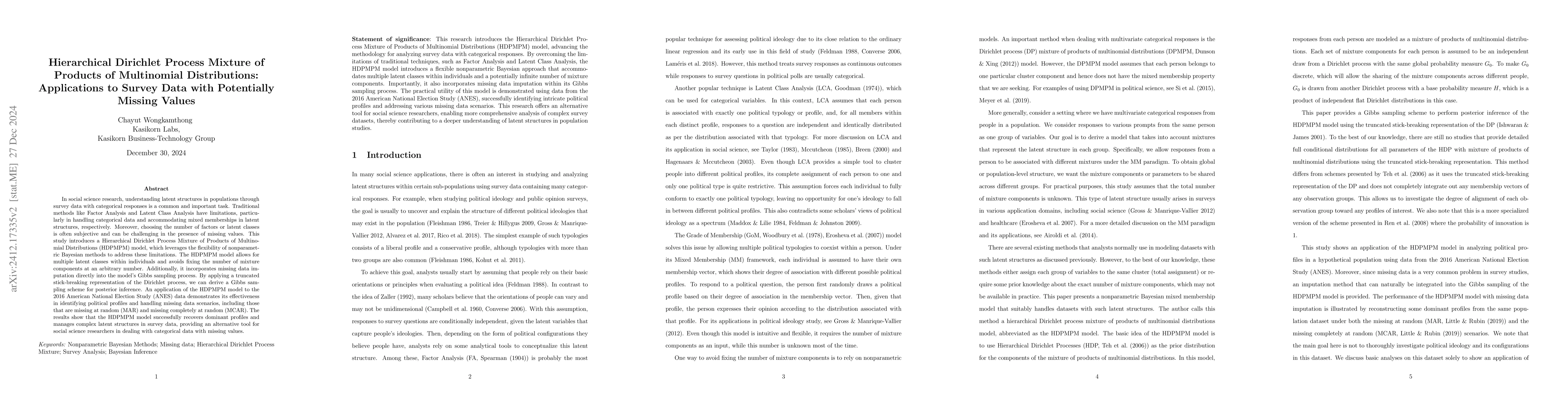 Thumbnail for Hierarchical Dirichlet Process Mixture of Products of Multinomial
  Distributions: Applications to Survey Data with Potentially Missing Values