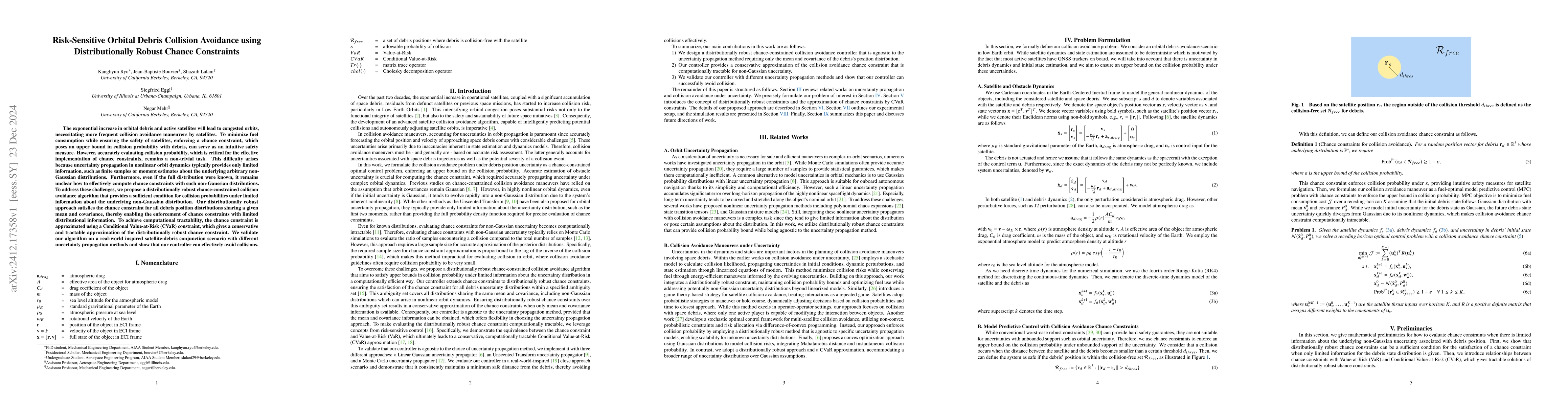 Thumbnail for Risk-Sensitive Orbital Debris Collision Avoidance using Distributionally
  Robust Chance Constraints