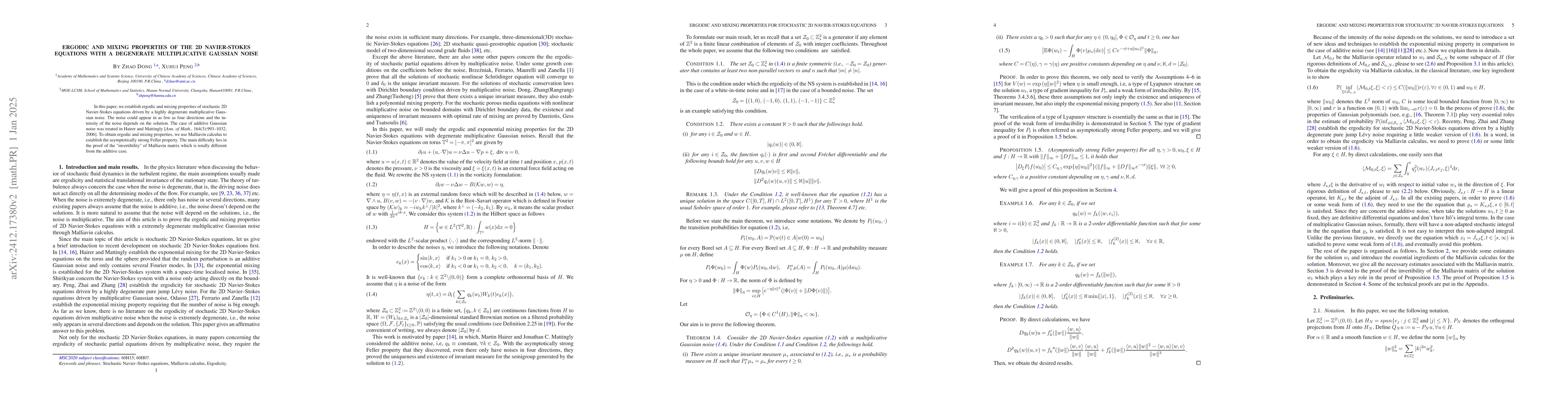 Thumbnail for Ergodic and mixing properties of the 2D Navier-Stokes equations with a
  degenerate multiplicative Gaussian noise