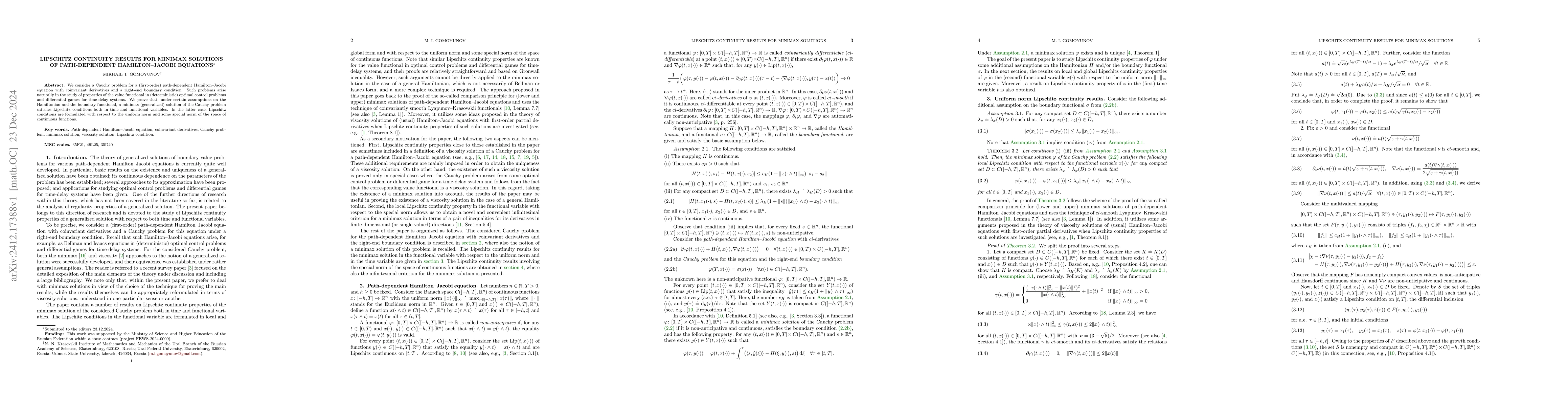 Thumbnail for Lipschitz Continuity Results for Minimax Solutions of Path-Dependent
  Hamilton--Jacobi Equations