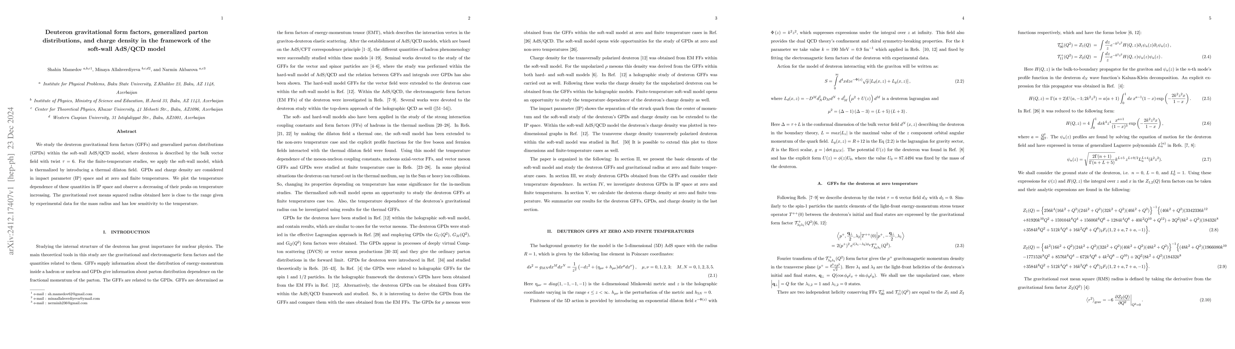 Thumbnail for Deuteron gravitational form factors, generalized parton distributions,
  and charge density in the framework of the soft-wall AdS/QCD model