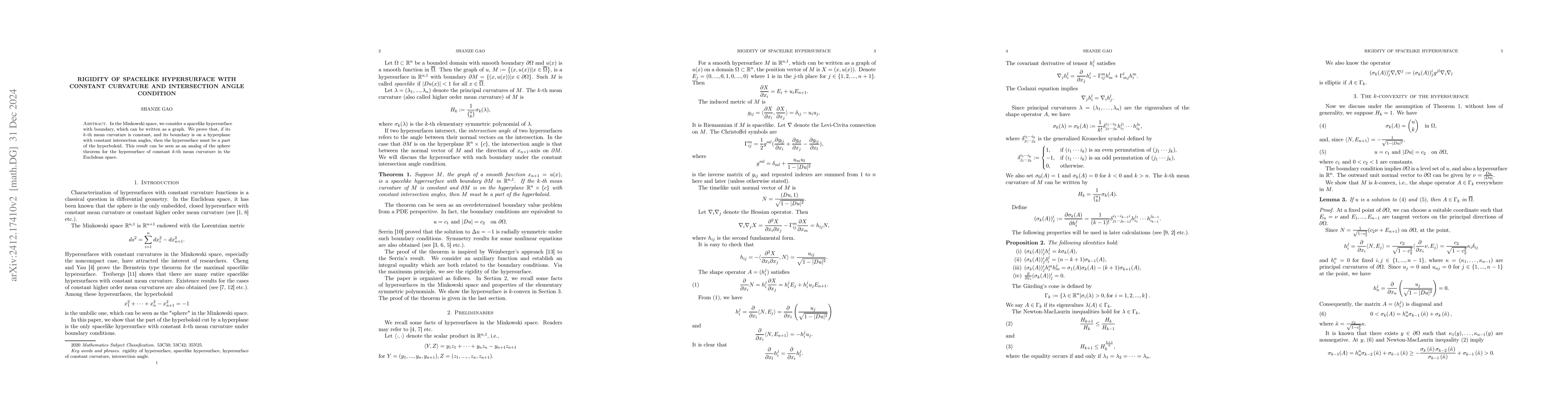 Thumbnail for Rigidity of spacelike hypersurface with constant curvature and
  intersection angle condition