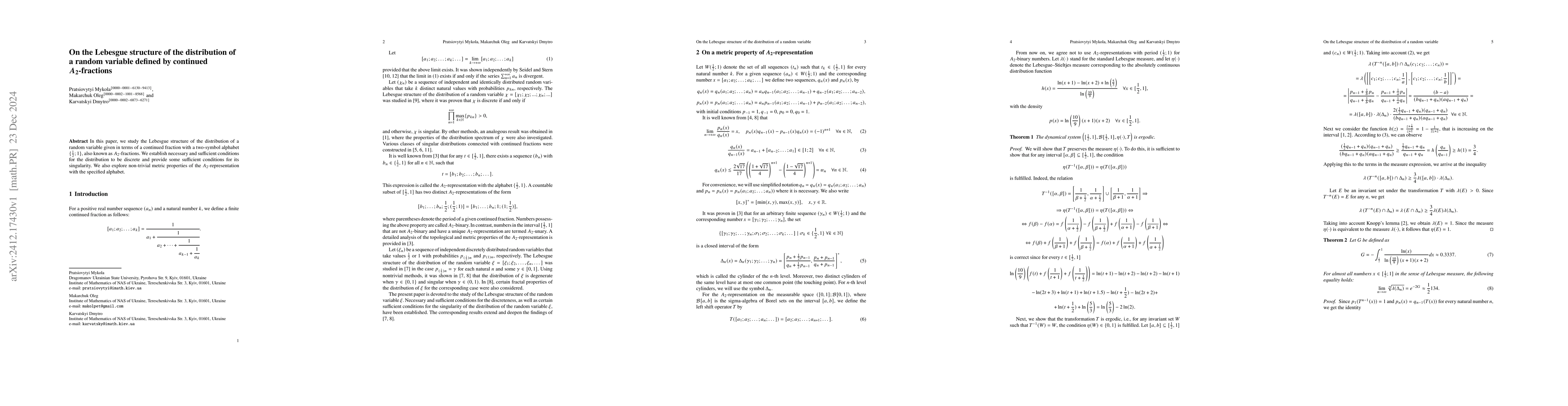 Thumbnail for On the Lebesgue structure of the distribution of a random variable
  defined by continued $A_2$-fractions