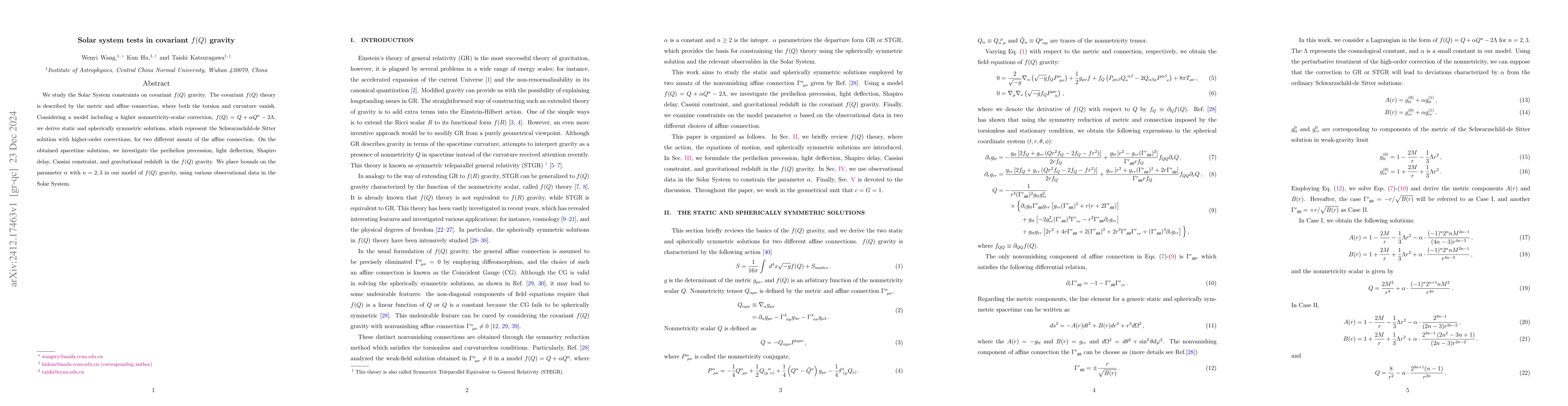 Thumbnail for Solar system tests in covariant f(Q) gravity