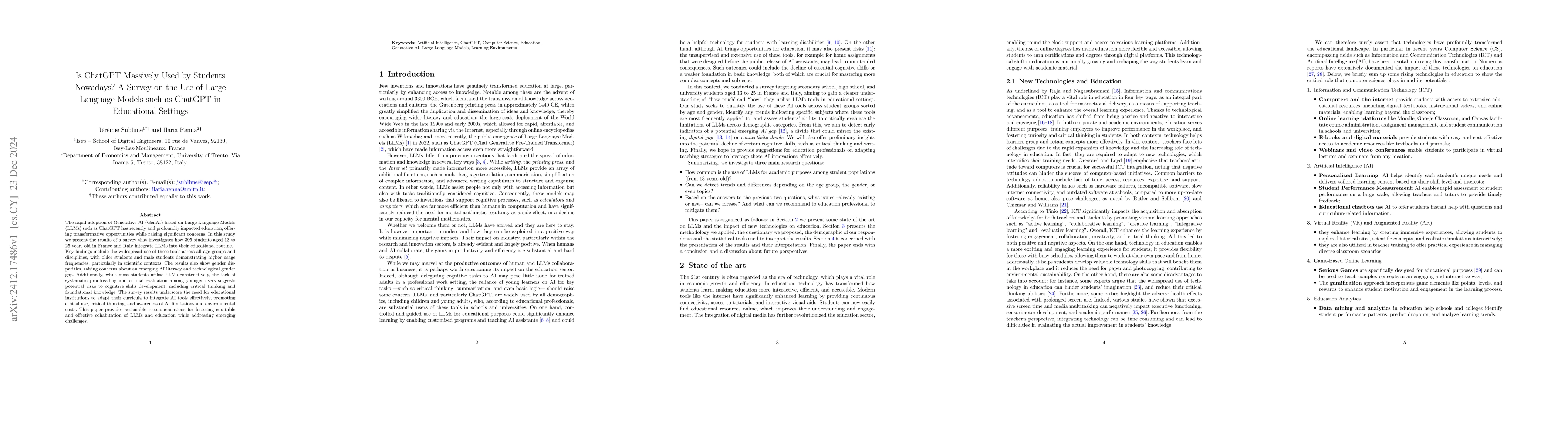 Thumbnail for Is ChatGPT Massively Used by Students Nowadays? A Survey on the Use of
  Large Language Models such as ChatGPT in Educational Settings