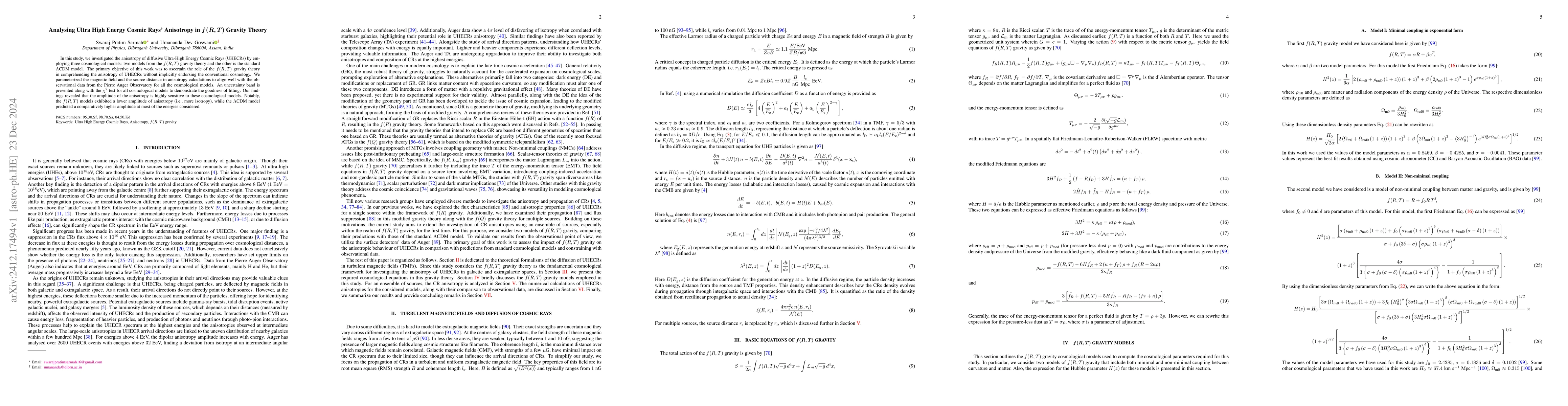 Thumbnail for Analysing Ultra High Energy Cosmic Rays' Anisotropy in $\boldsymbol{f(R,
  T)}$ Gravity Theory