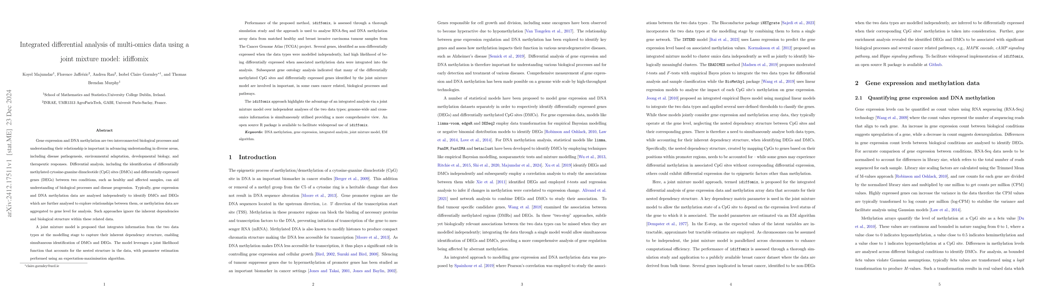 Thumbnail for Integrated differential analysis of multi-omics data using a joint
  mixture model: idiffomix
