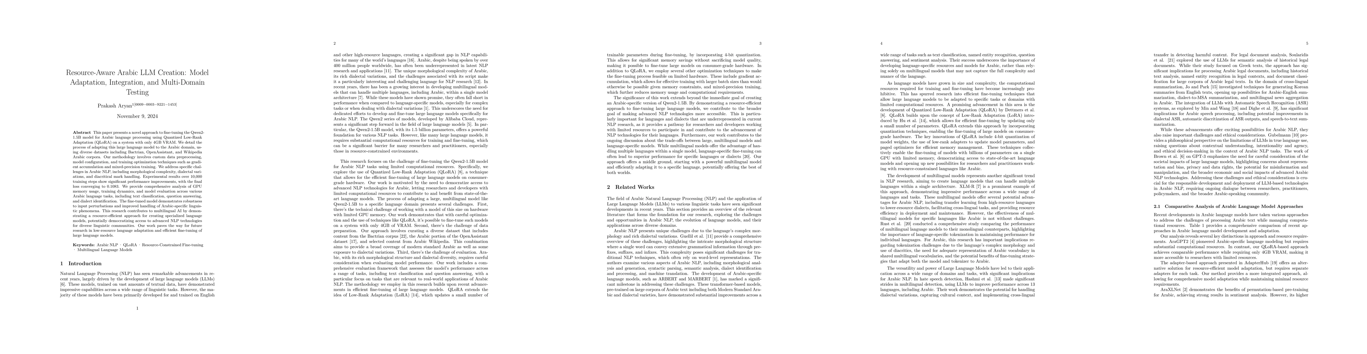Thumbnail for Resource-Aware Arabic LLM Creation: Model Adaptation, Integration, and
  Multi-Domain Testing