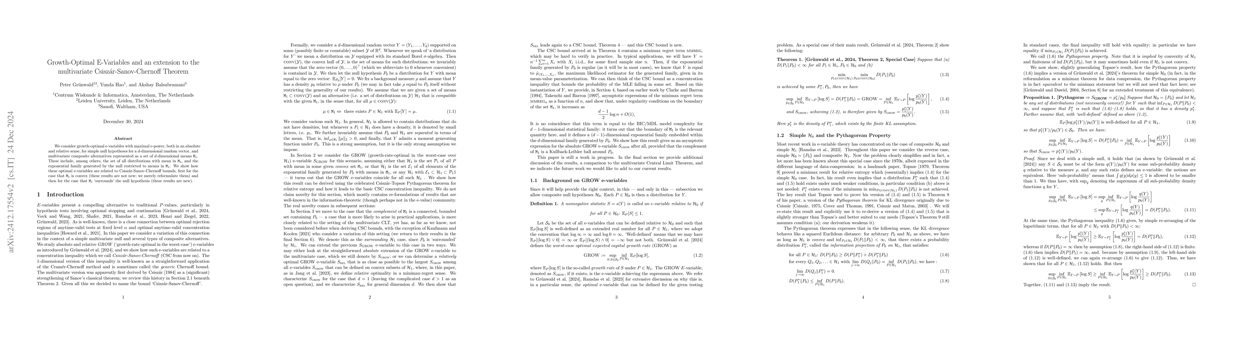 Thumbnail for Growth-Optimal E-Variables and an extension to the multivariate
  Csiszár-Sanov-Chernoff Theorem
