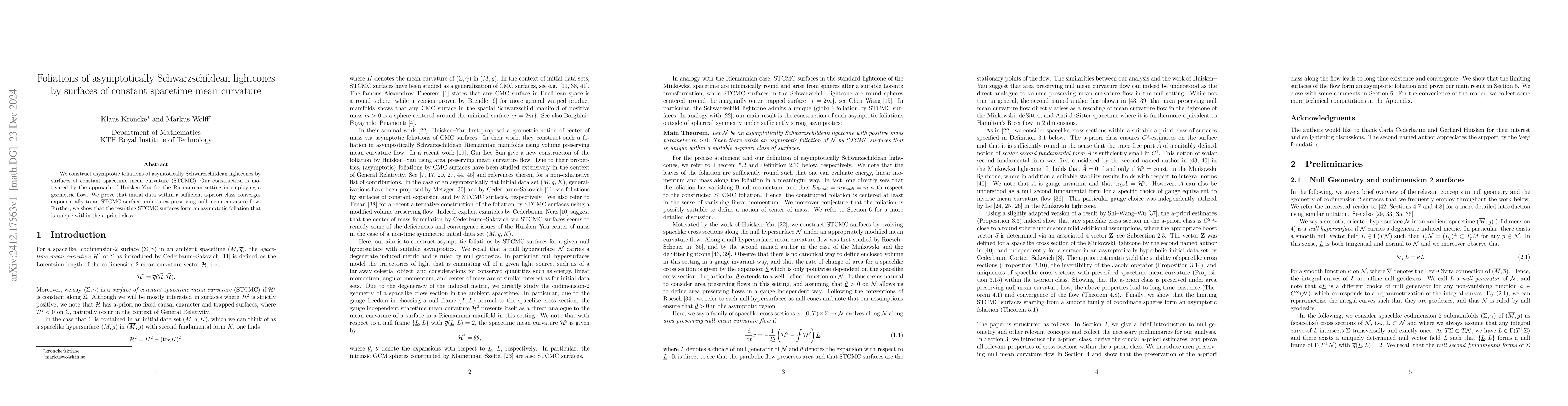 Thumbnail for Foliations of asymptotically Schwarzschildean lightcones by surfaces of
  constant spacetime mean curvature