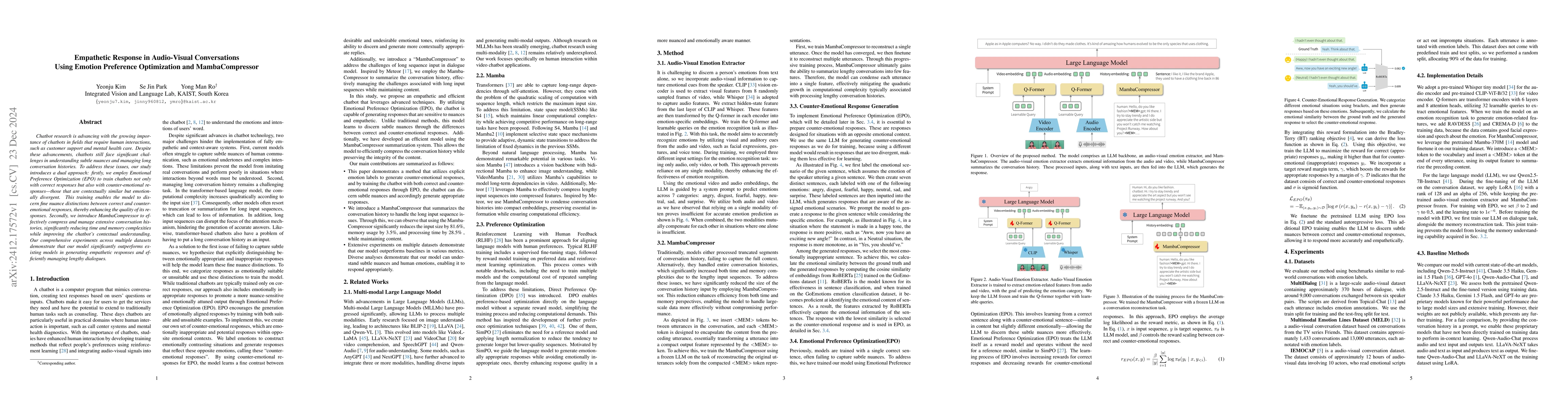 Thumbnail for Empathetic Response in Audio-Visual Conversations Using Emotion
  Preference Optimization and MambaCompressor