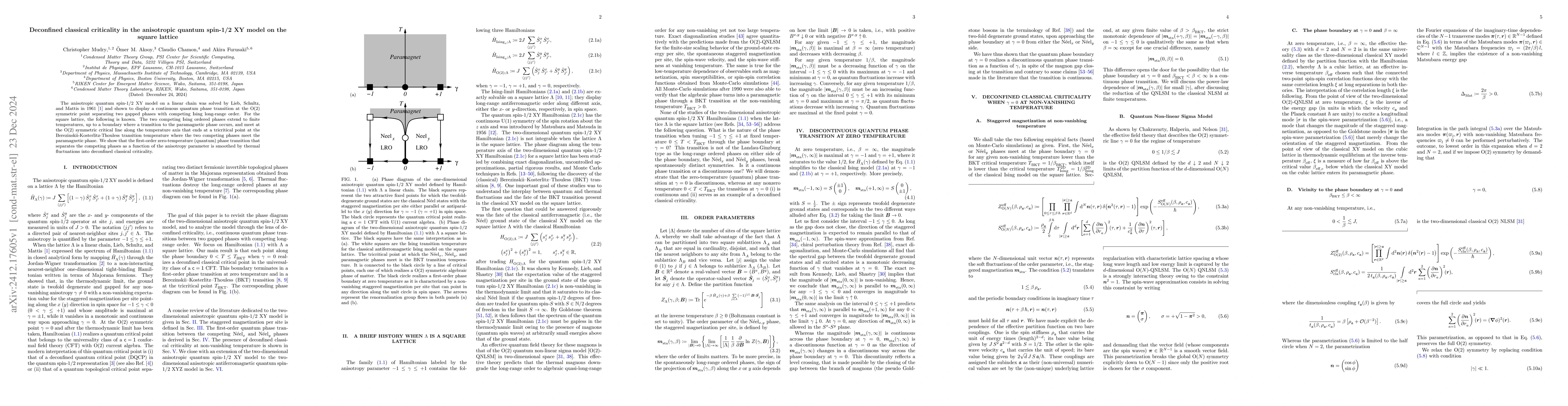 Thumbnail for Deconfined classical criticality in the anisotropic quantum spin-1/2 XY
  model on the square lattice