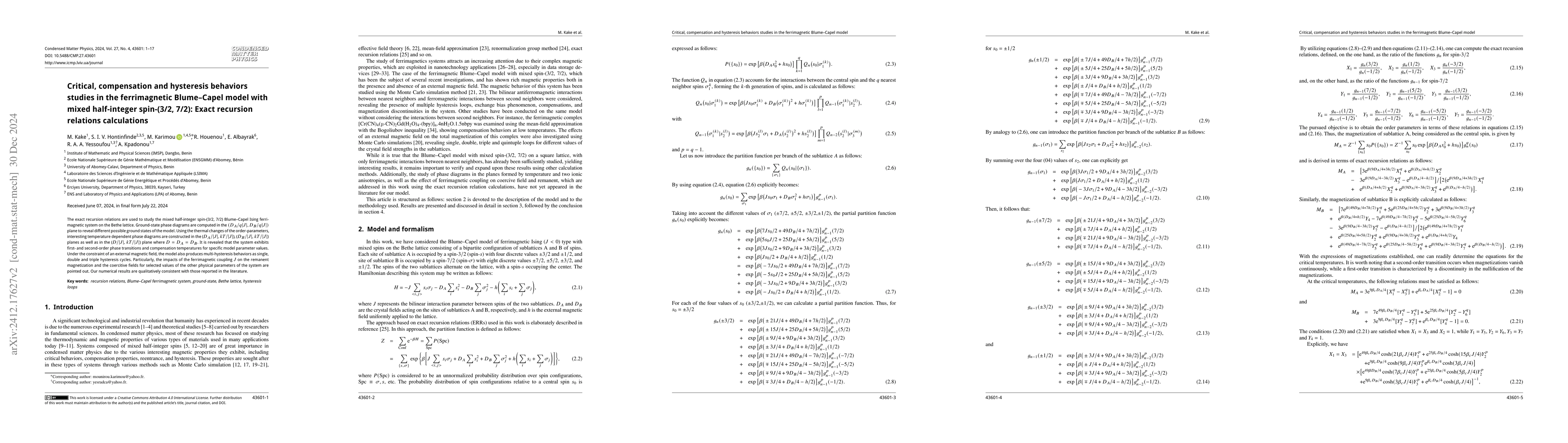 Thumbnail for Critical, compensation and hysteresis behaviors studies in the
  ferrimagnetic Blume-Capel model with mixed half-integer spin-(3/2, 7/2):
  Exact recursion relations calculations