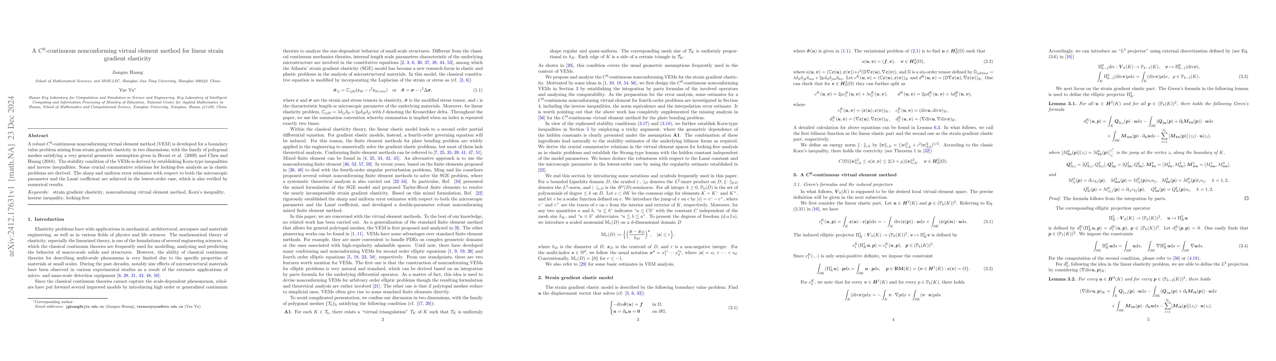 Thumbnail for A $C^0$-continuous nonconforming virtual element method for linear
  strain gradient elasticity