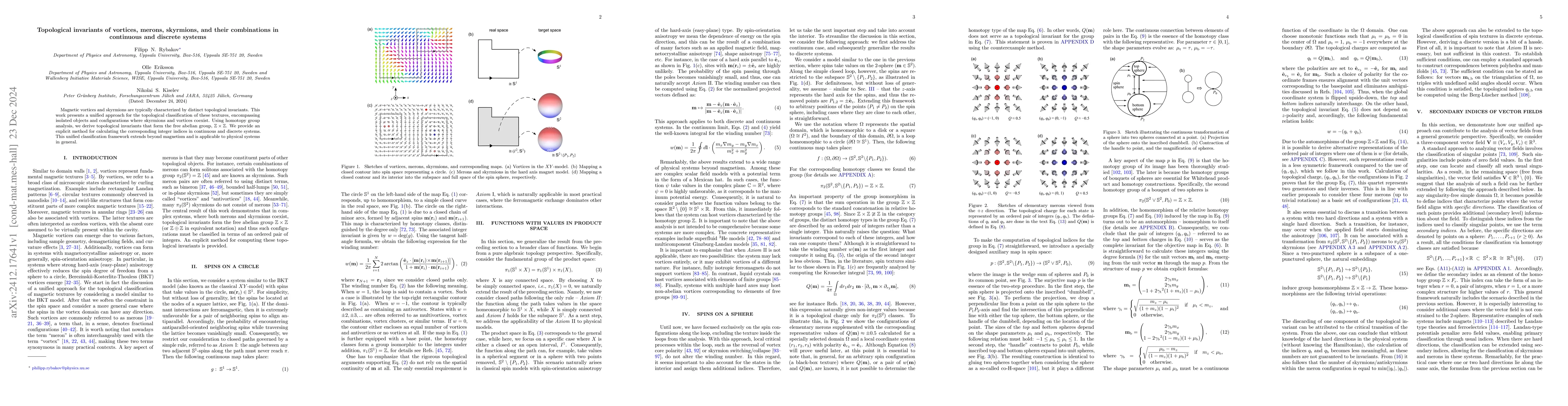 Thumbnail for Topological invariants of vortices, merons, skyrmions, and their
  combinations in continuous and discrete systems