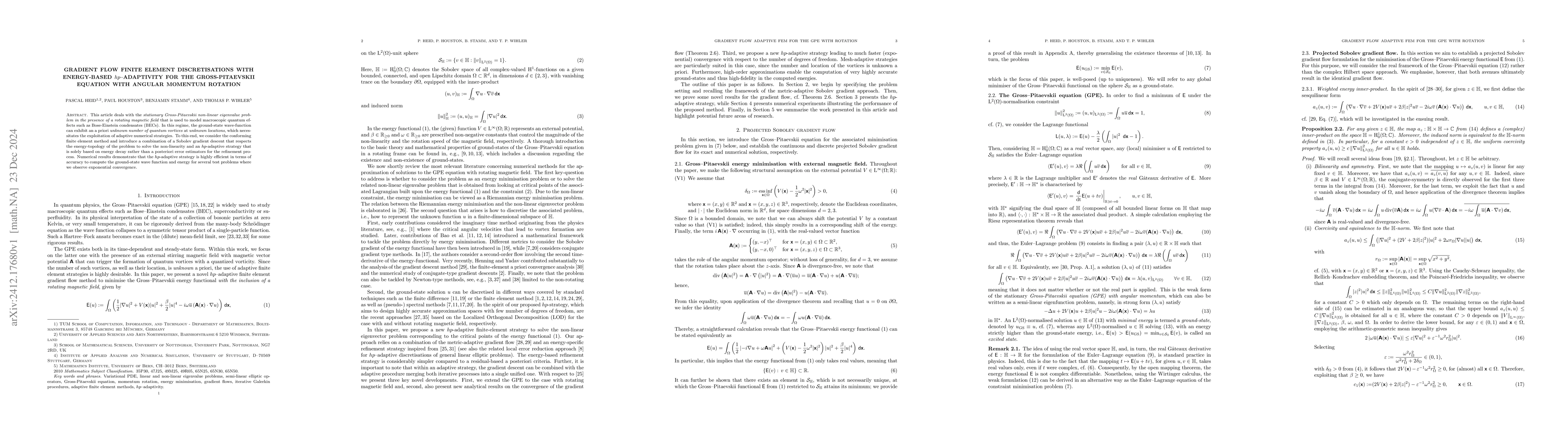 Thumbnail for Gradient Flow Finite Element Discretisations with Energy-Based
  $hp$-Adaptivity for the Gross-Pitaevskii Equation with Angular Momentum
  Rotation
