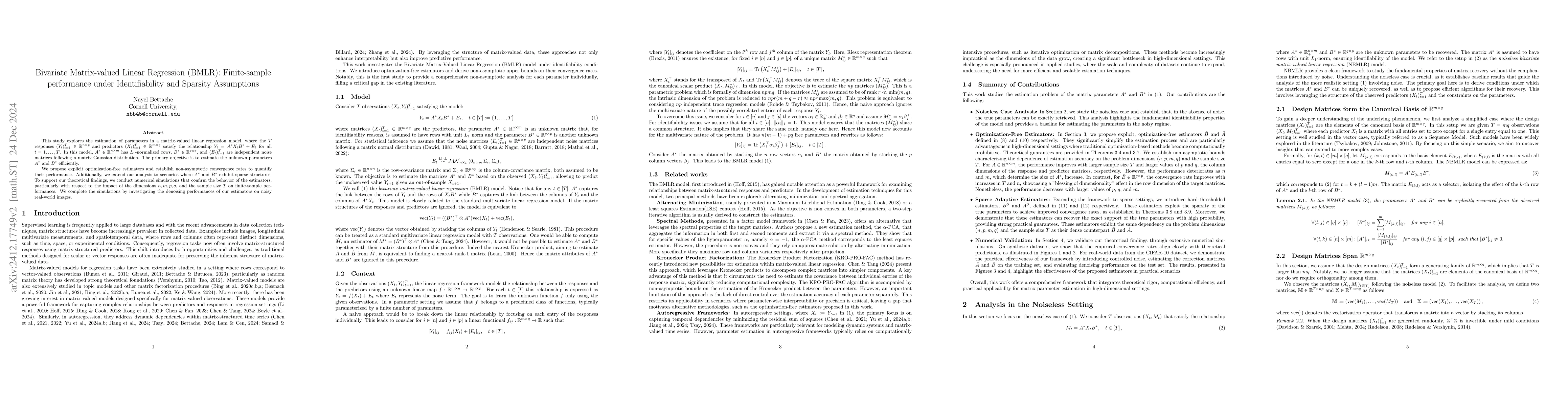 Thumbnail for Bivariate Matrix-valued Linear Regression (BMLR): Finite-sample
  performance under Identifiability and Sparsity Assumptions