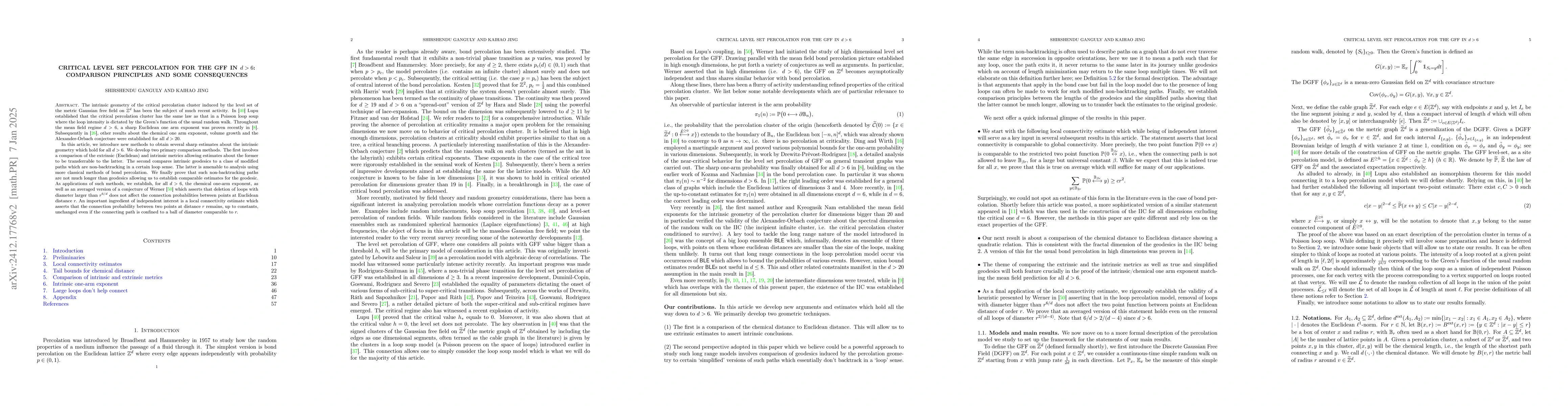 Thumbnail for Critical level set percolation for the GFF in $d>6$: comparison
  principles and some consequences