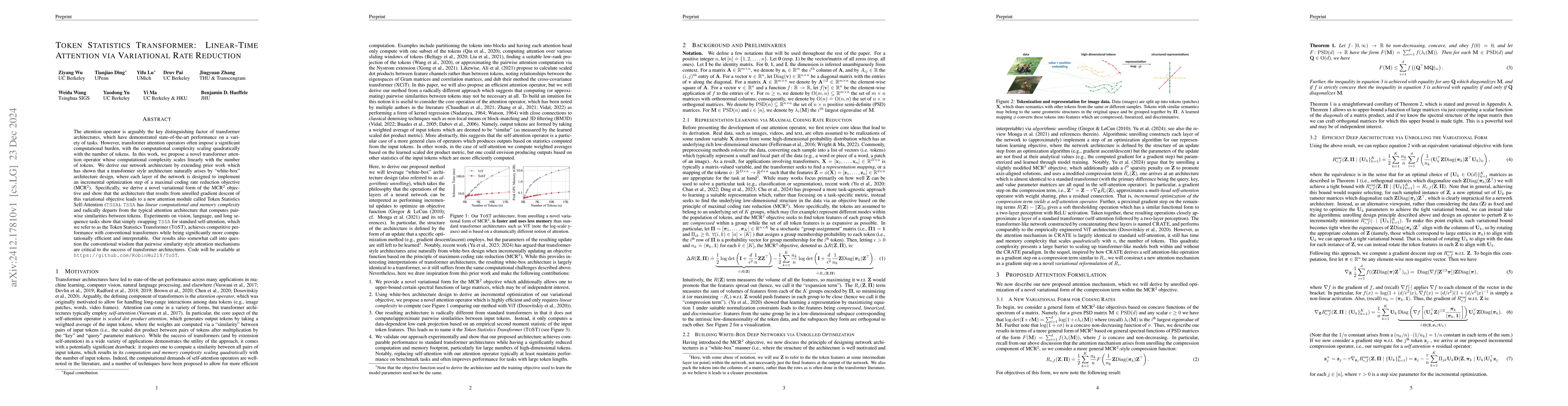 Thumbnail for Token Statistics Transformer: Linear-Time Attention via Variational Rate
  Reduction