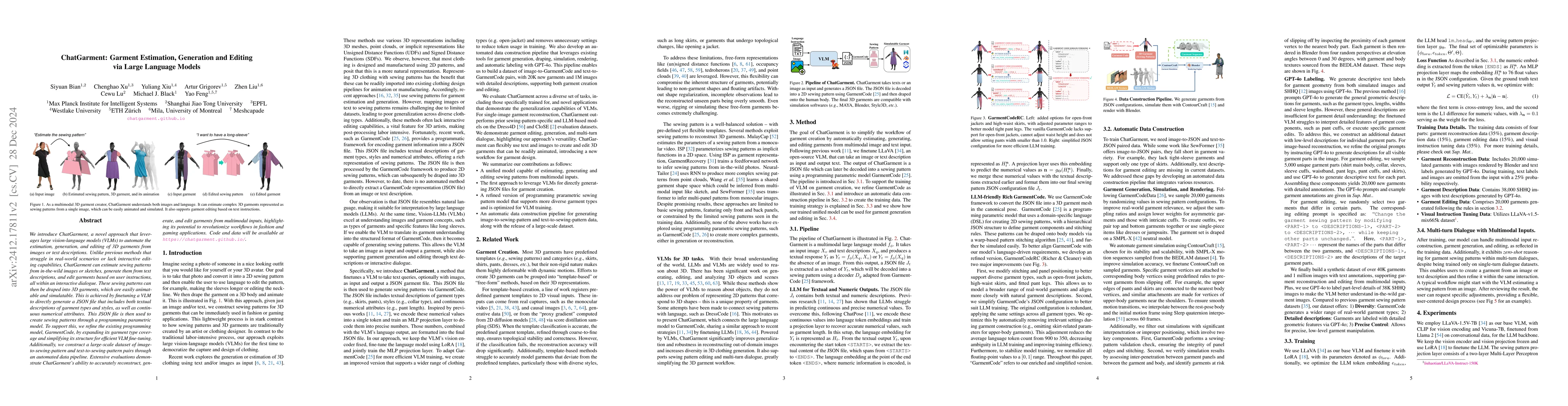 Thumbnail for ChatGarment: Garment Estimation, Generation and Editing via Large
  Language Models