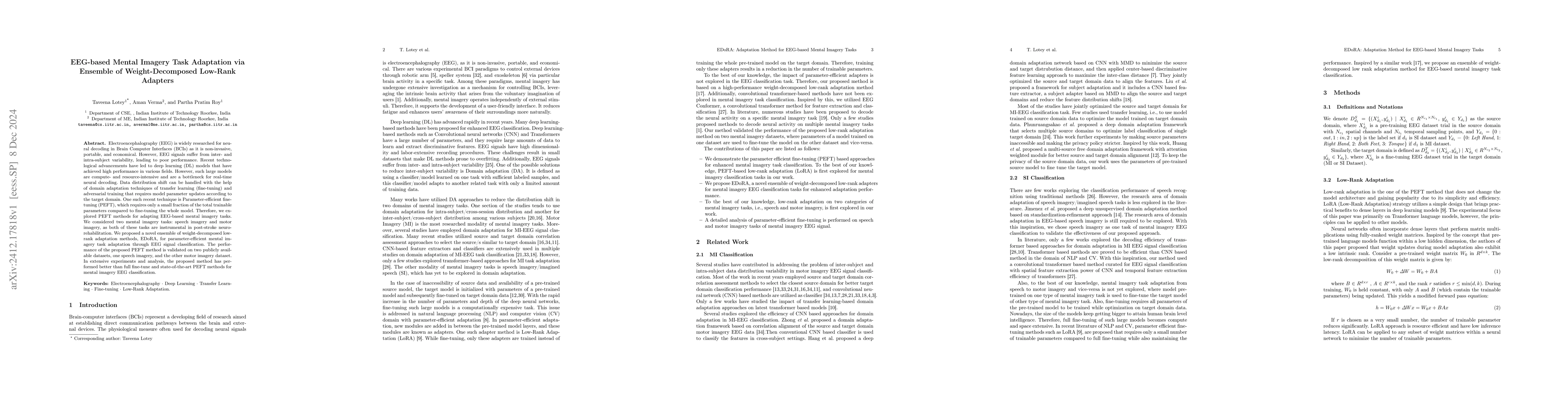 Thumbnail for EEG-Based Mental Imagery Task Adaptation via Ensemble of
  Weight-Decomposed Low-Rank Adapters