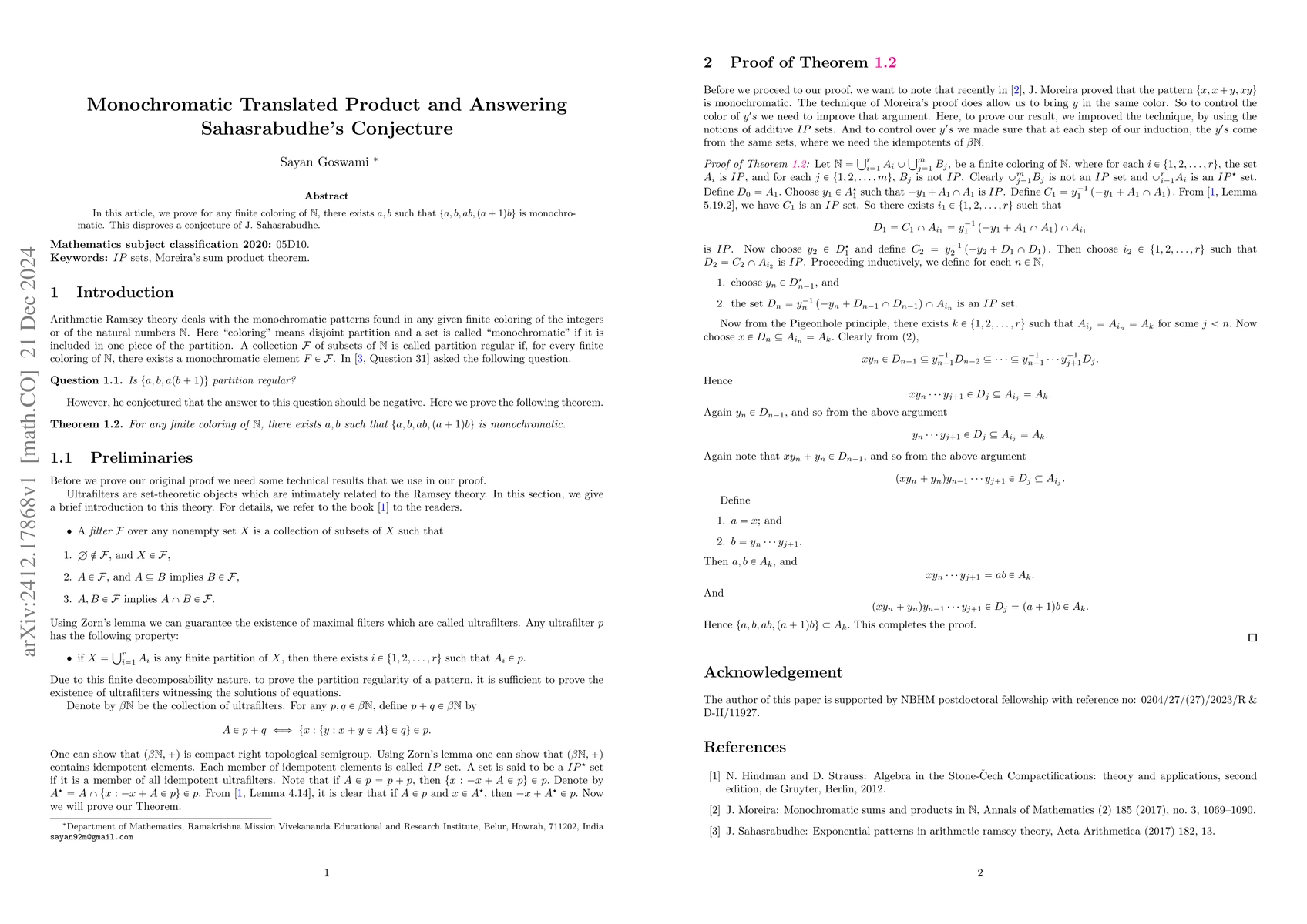 Thumbnail for Monochromatic Translated Product and Answering Sahasrabudhe's Conjecture