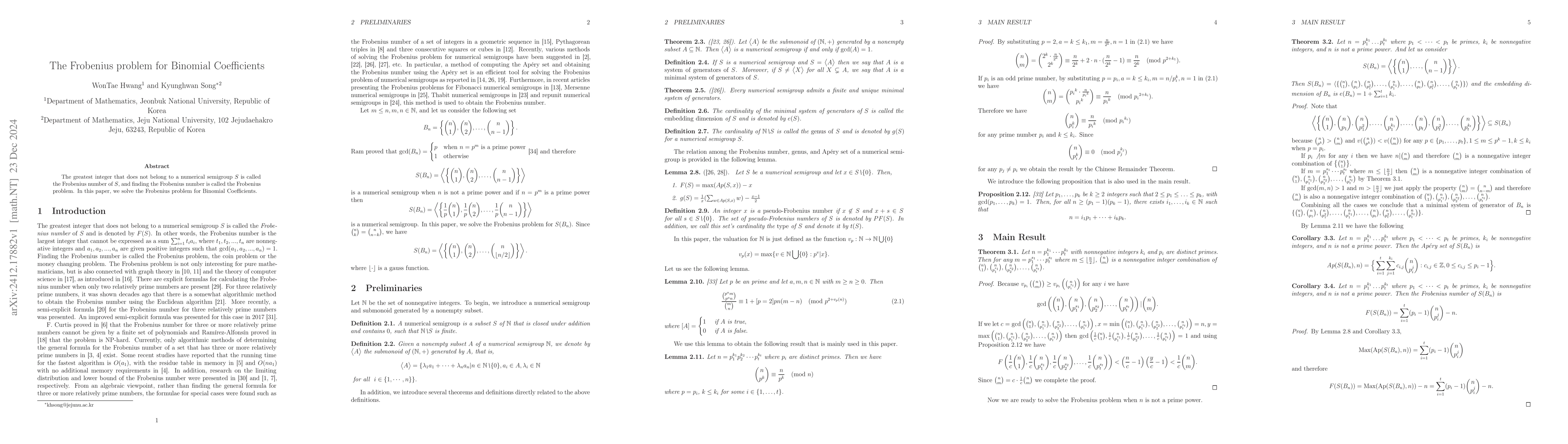 Thumbnail for The Frobenius problem for Binomial Coefficients