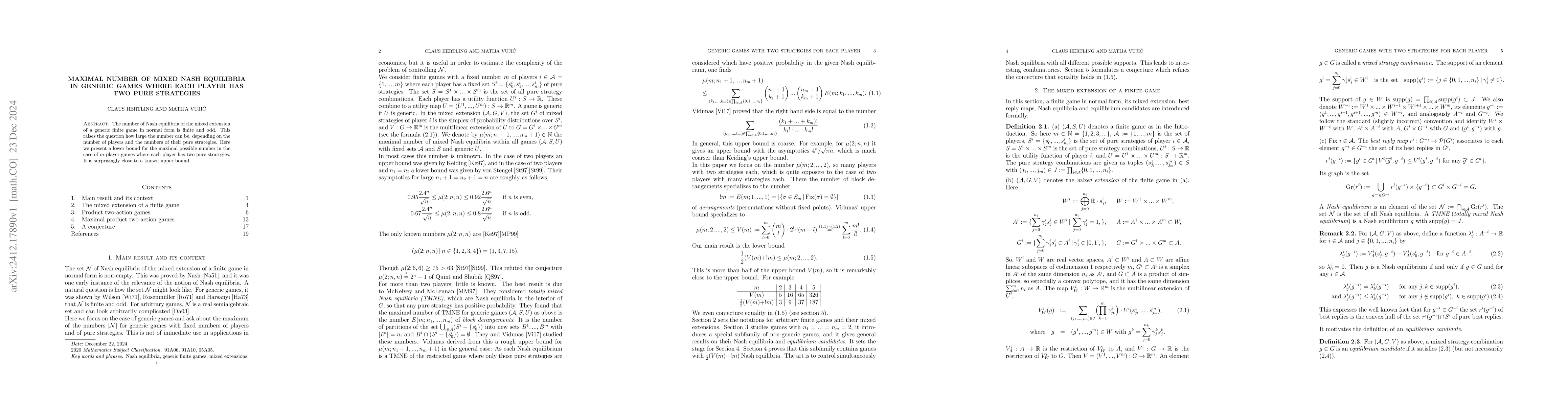 Thumbnail for Maximal number of mixed Nash equilibria in generic games where each
  player has two pure strategies