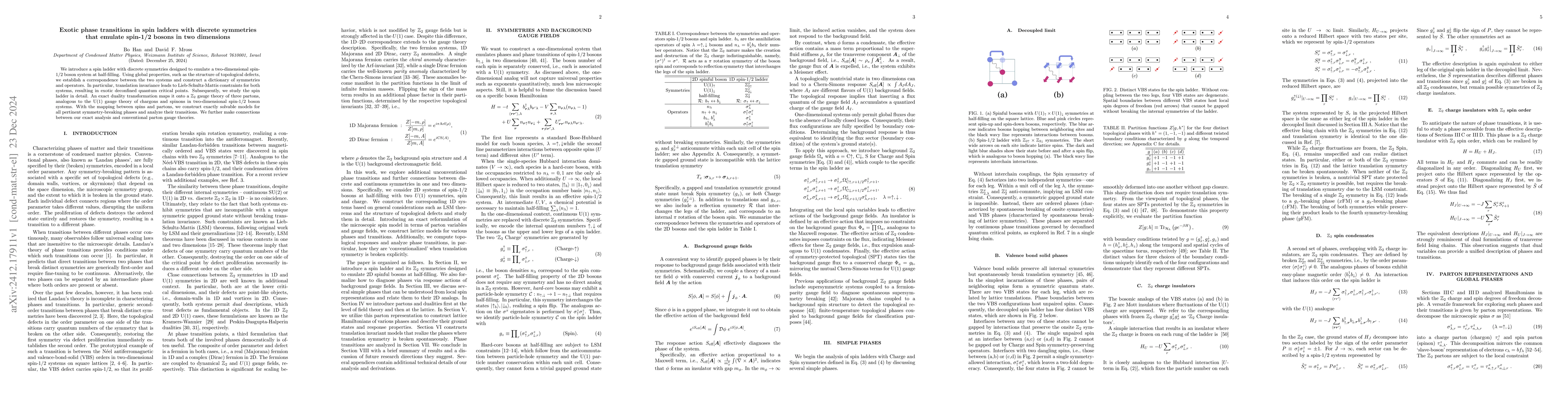 Thumbnail for Exotic phase transitions in spin ladders with discrete symmetries that
  emulate spin-1/2 bosons in two dimensions
