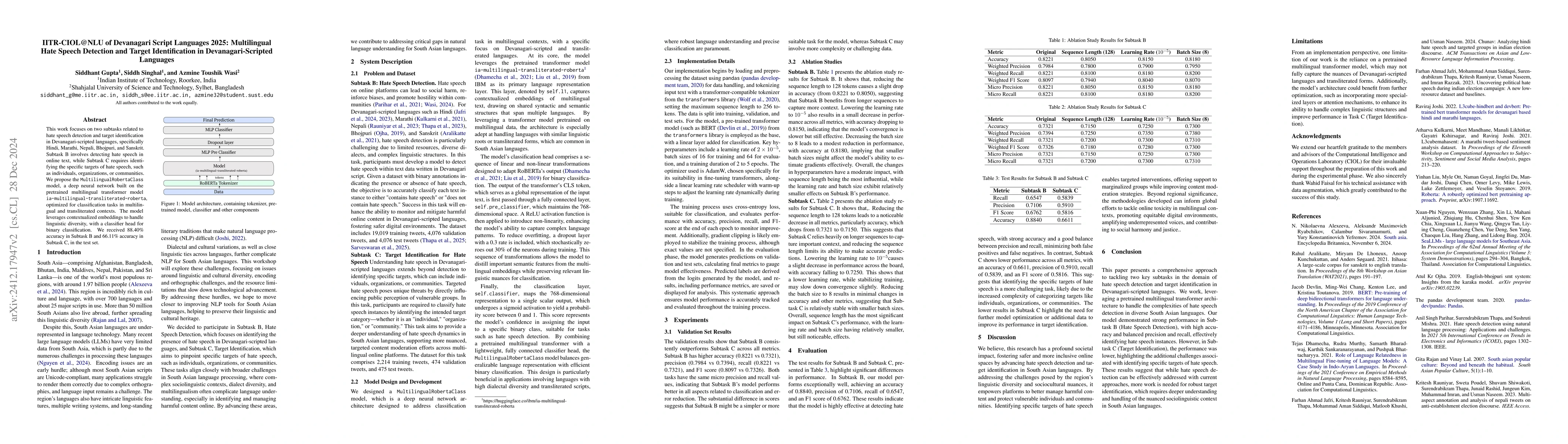 Thumbnail for IITR-CIOL@NLU of Devanagari Script Languages 2025: Multilingual Hate
  Speech Detection and Target Identification in Devanagari-Scripted Languages