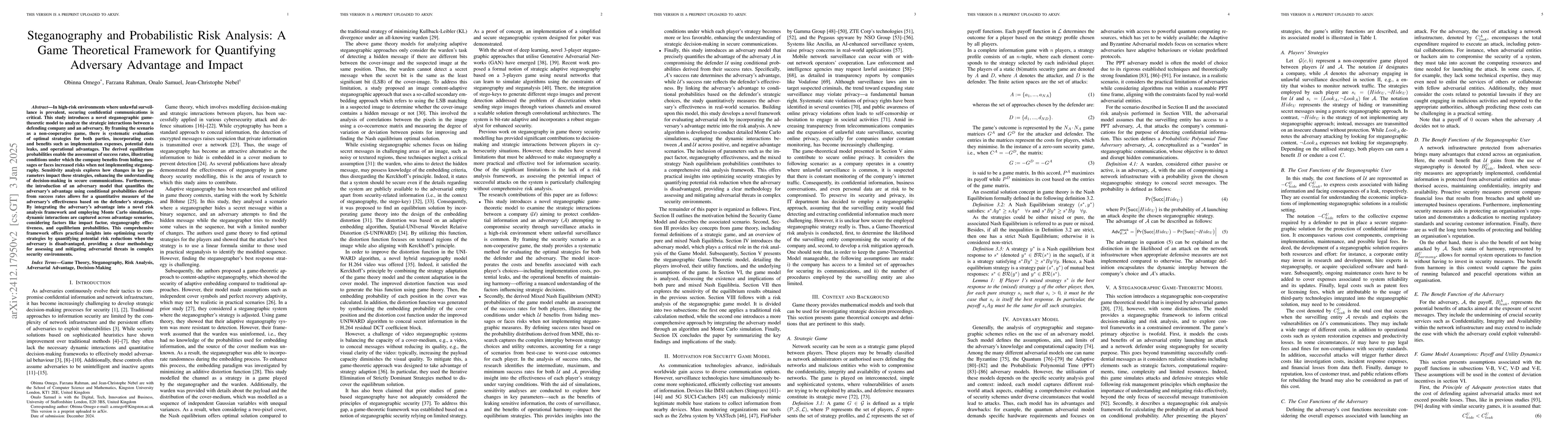 Thumbnail for Steganography and Probabilistic Risk Analysis: A Game Theoretical
  Framework for Quantifying Adversary Advantage and Impact