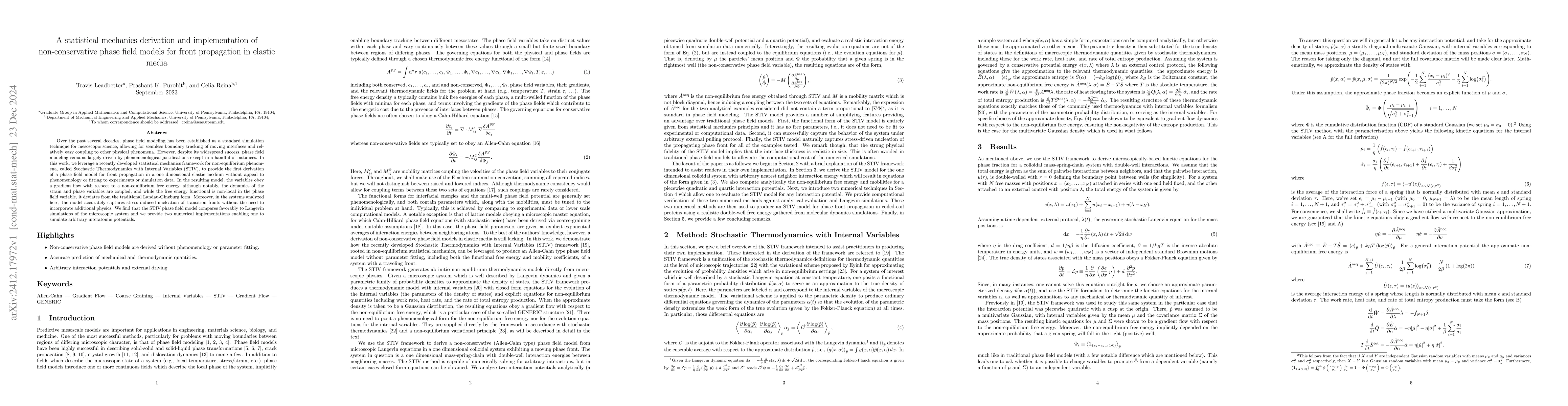 Thumbnail for A statistical mechanics derivation and implementation of
  non-conservative phase field models for front propagation in elastic media